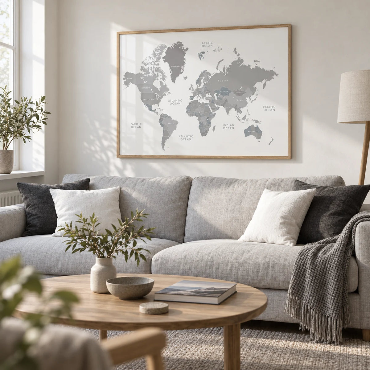 World Map Art, framed on the wall of a calm Scandinavian living room