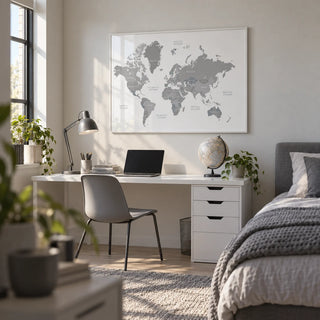 World Map Art, framed on the wall of a calm teen's bedroom (age 13-17)