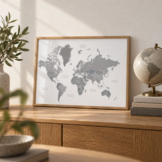 World Map Art, a small A4 framed print leaning on an oak sideboard in a living room