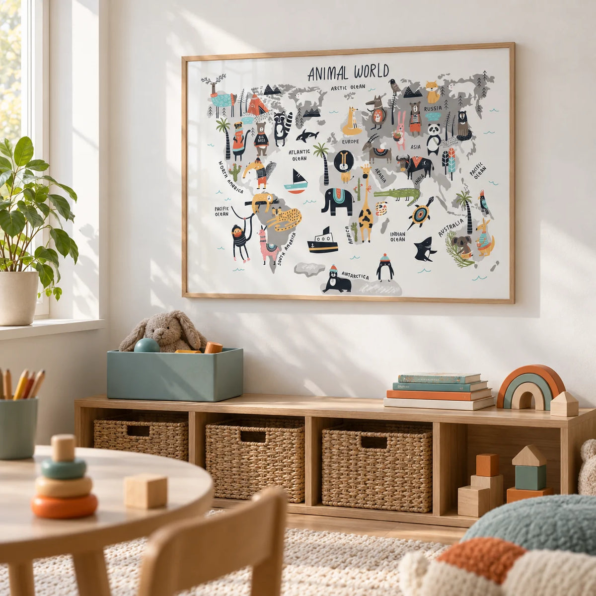 World Map For Kids, framed on the wall of a calm playroom with white walls