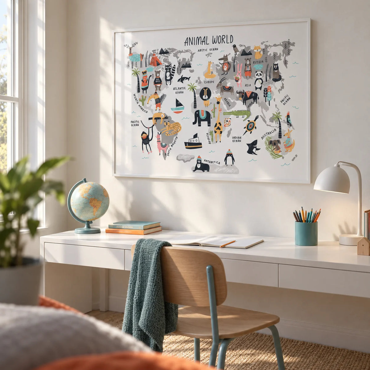 World Map For Kids, framed on the wall of a child's homework corner