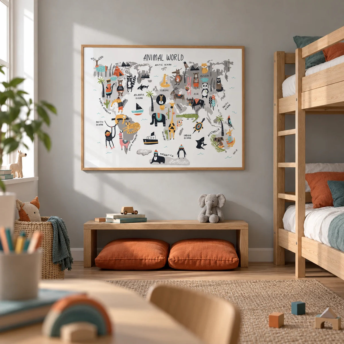 World Map For Kids, framed on the wall of a shared children's bedroom with a soft grey wall