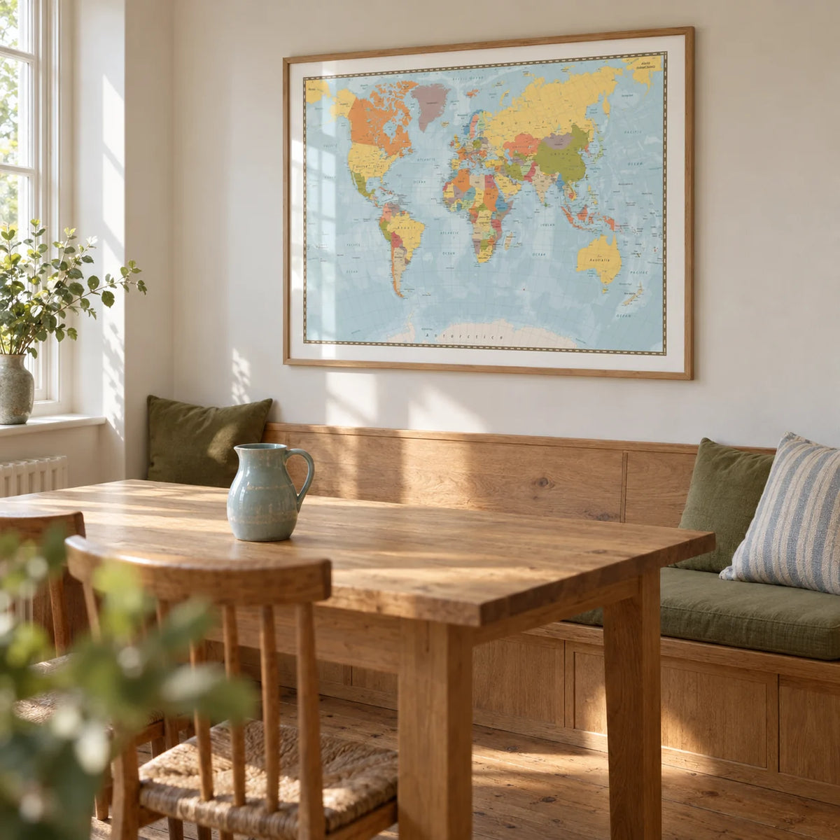 World Map Print, framed on the wall of a bright dining room in a modest UK home with a warm white wall and a simple built-in oak bench