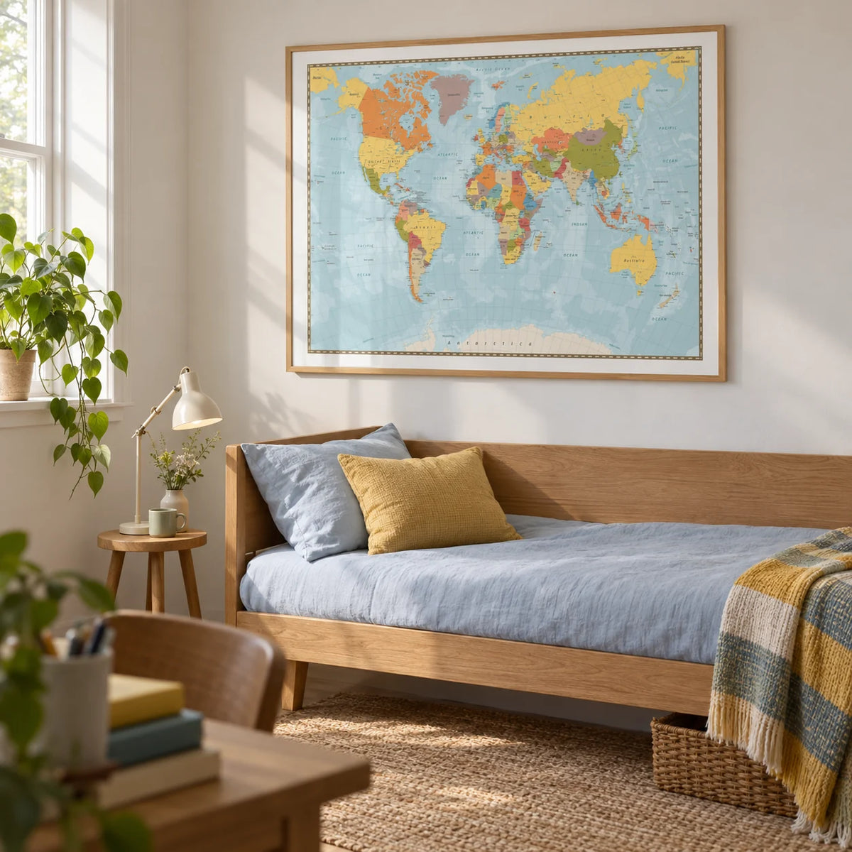 World Map Print, framed on the wall of a calm single guest bedroom in a travel-loving adult’s UK home with a soft white wall