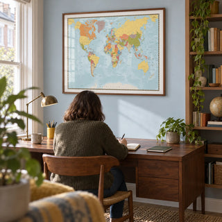 World Map Print, framed on the wall of a quiet study in a British terraced house with a pale blue wall and fitted wooden shelving