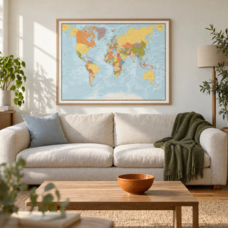 World Map Print, framed on the wall of a relaxed living room in a UK first home for a travel-loving couple (25-35)