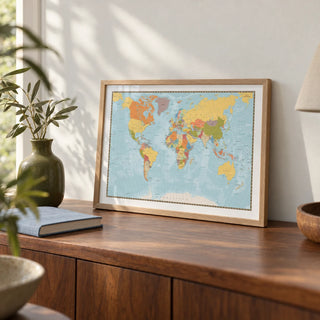World Map Print, a small A4 framed print leaning on a walnut sideboard in a living room