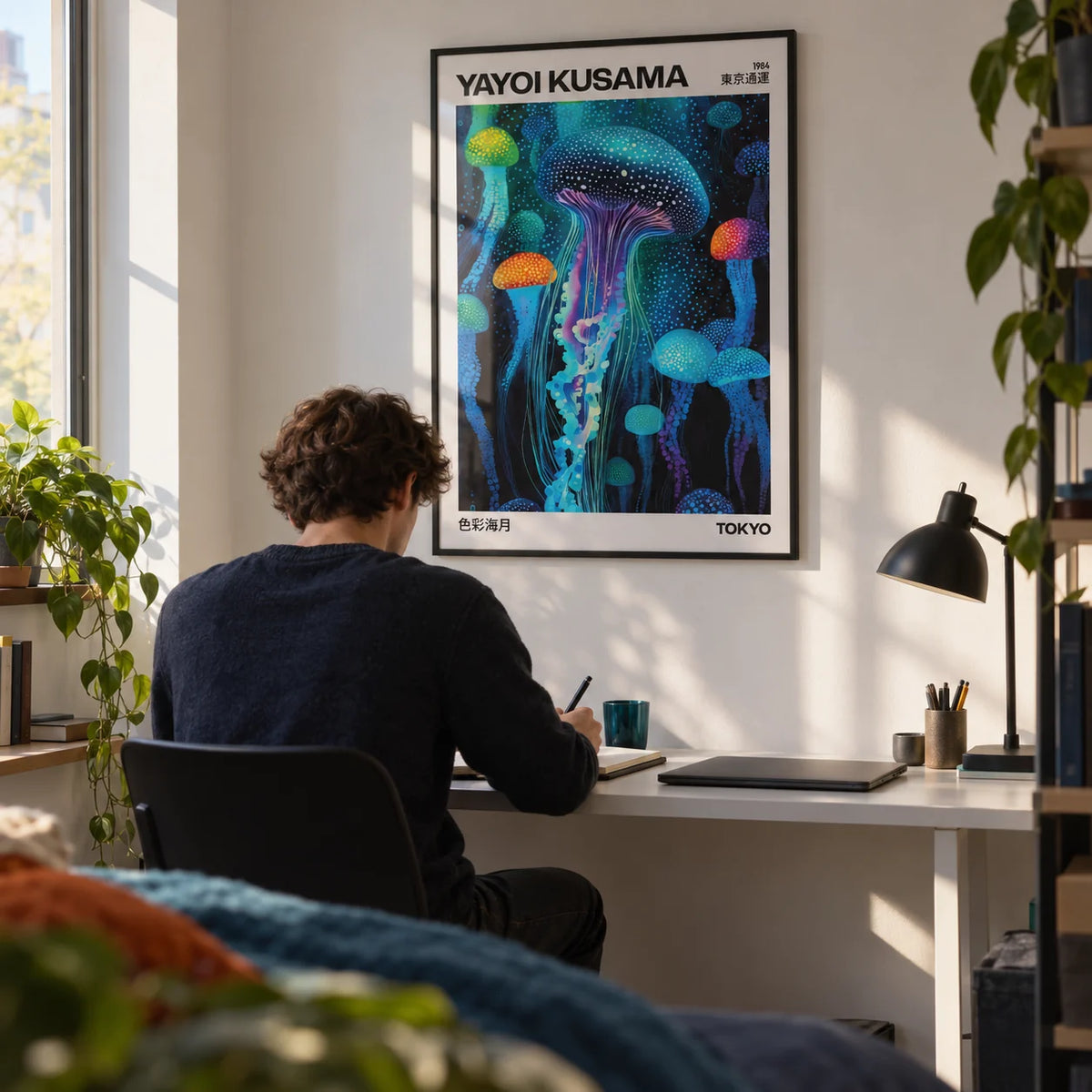 Yayoi Kusama Art, framed on the wall of a calm desk corner in a uni room (18-21) with a white wall in a bedroom