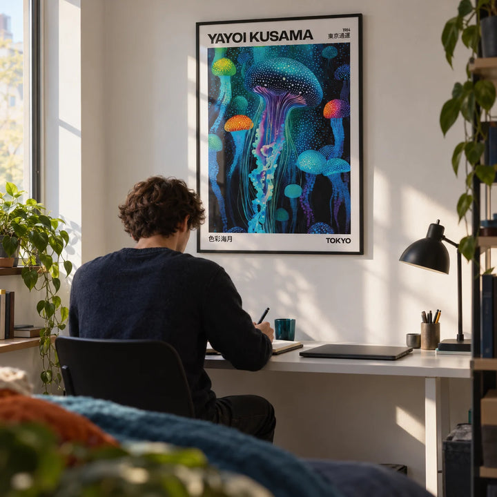 Yayoi Kusama Art, framed on the wall of a calm desk corner in a uni room (18-21) with a white wall in a bedroom