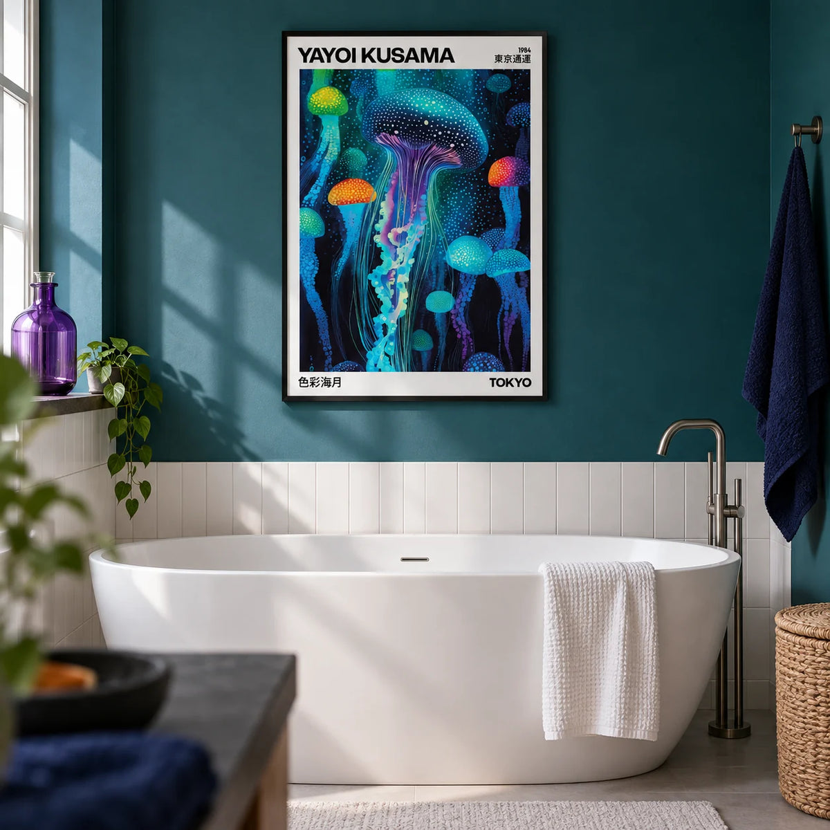 Yayoi Kusama Art, framed on the wall of a modern bathroom with a deep teal painted wall and plain white tiles