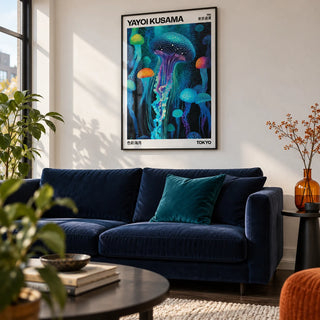 Yayoi Kusama Art, framed on the wall of a modern city flat living room with a white wall and a dark wood floor