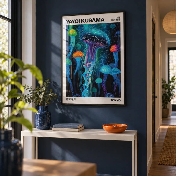 Yayoi Kusama Art, framed on the wall of a modern hallway with a navy painted wall