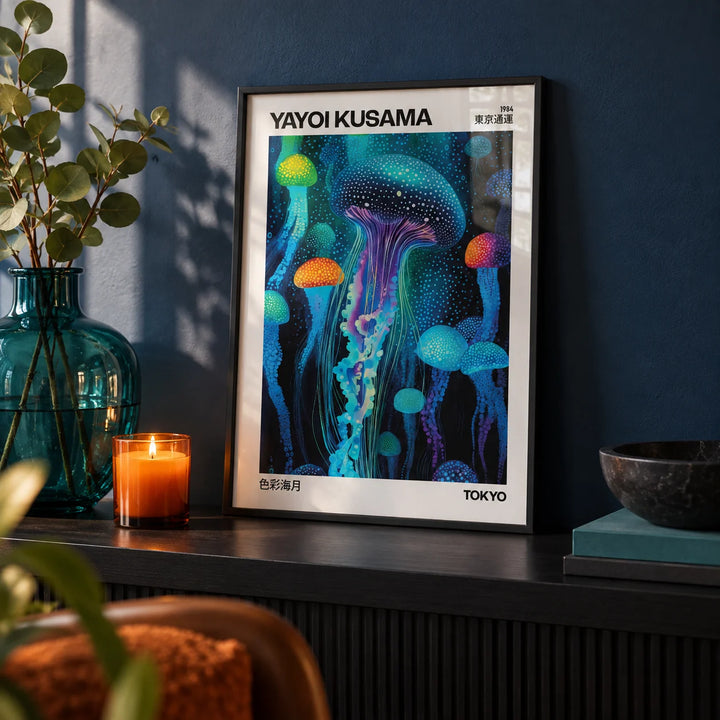 Yayoi Kusama Art, a small A4 framed print leaning on a black shelf in a living room