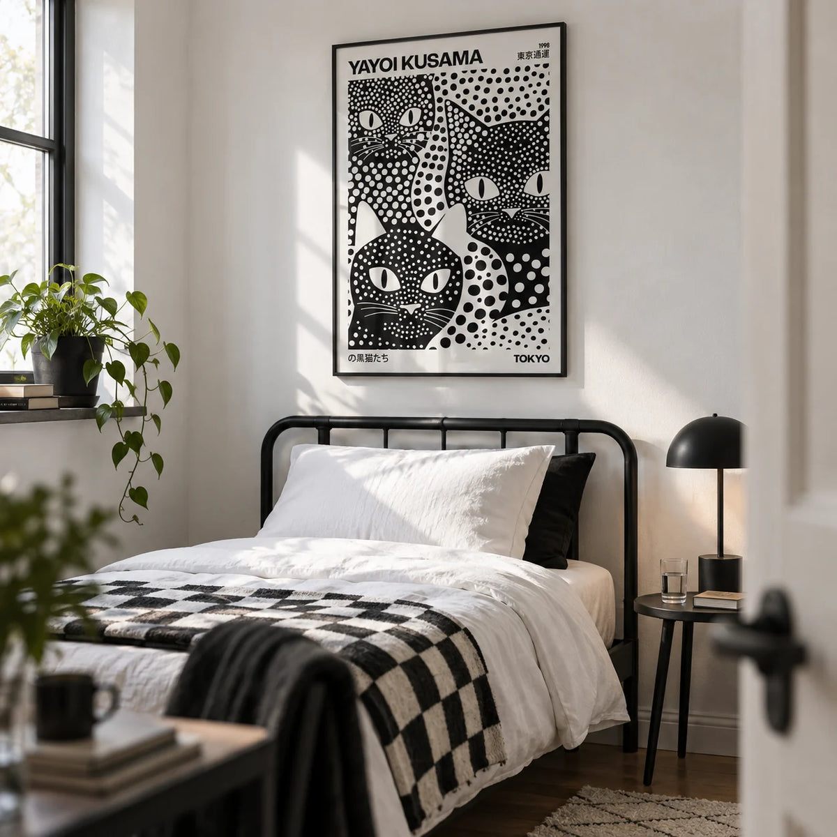 Yayoi Kusama Black Cats, framed on the wall of a crisp monochrome single bedroom in a first flat (22-28) with a white wall