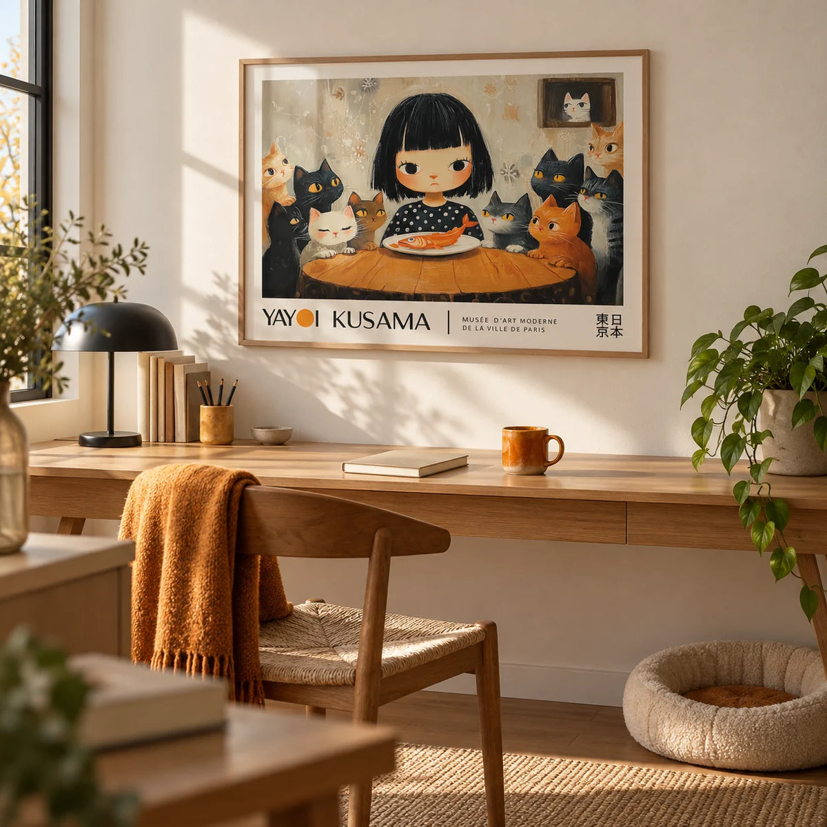 Yayoi Kusama Cat Painting, framed on the wall of a cosy home office with a cream wall