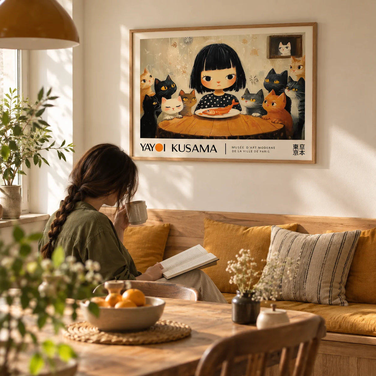 Yayoi Kusama Cat Painting, framed on the wall of a cosy kitchen dining nook with a cream wall