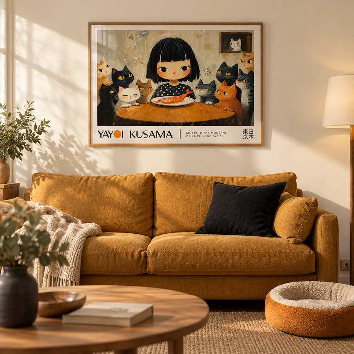 Yayoi Kusama Cat Painting, framed on the wall of a cosy living room with a warm cream wall
