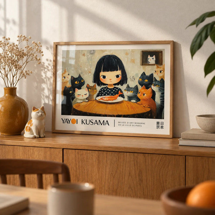 Yayoi Kusama Cat Painting, a small A4 framed print leaning on an oak sideboard in a living room