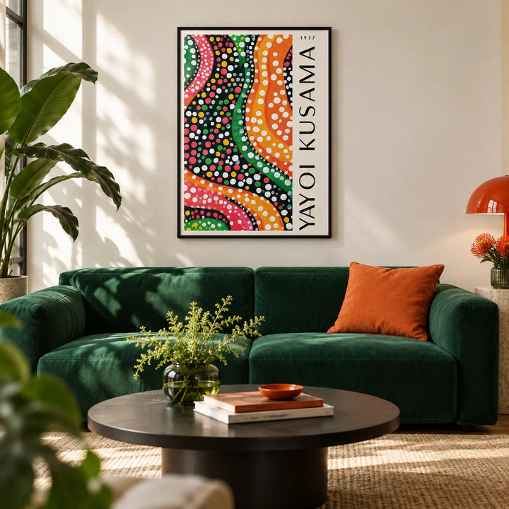 Yayoi Kusama Dots, framed on the wall of a bold design-led living room with a warm white wall