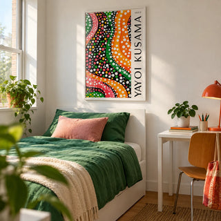 Yayoi Kusama Dots, framed on the wall of a bright single bedroom for a young adult (18-25) with a white wall