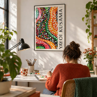 Yayoi Kusama Dots, framed on the wall of a creative studio with a white wall in a home office
