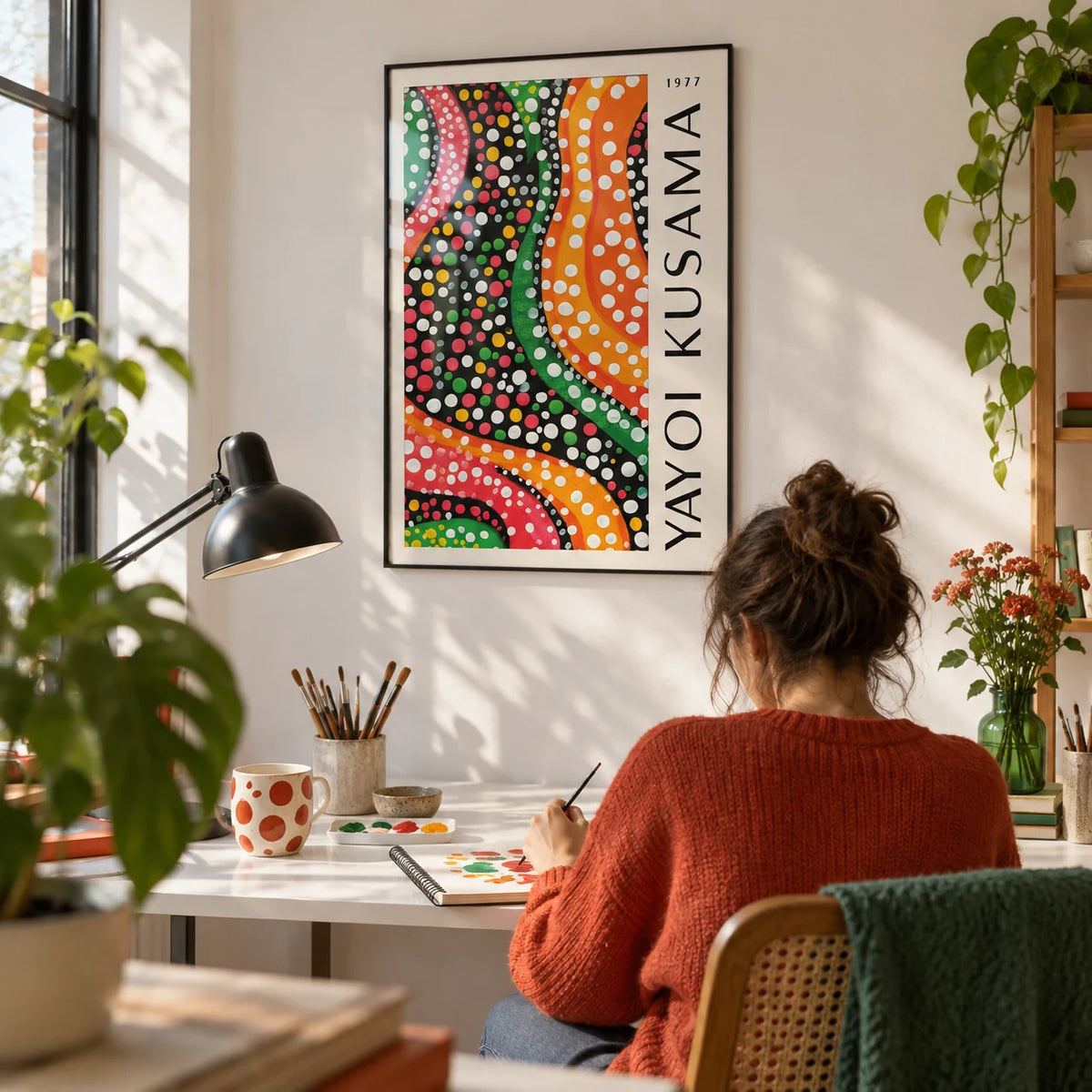 Yayoi Kusama Dots, framed on the wall of a creative studio with a white wall in a home office