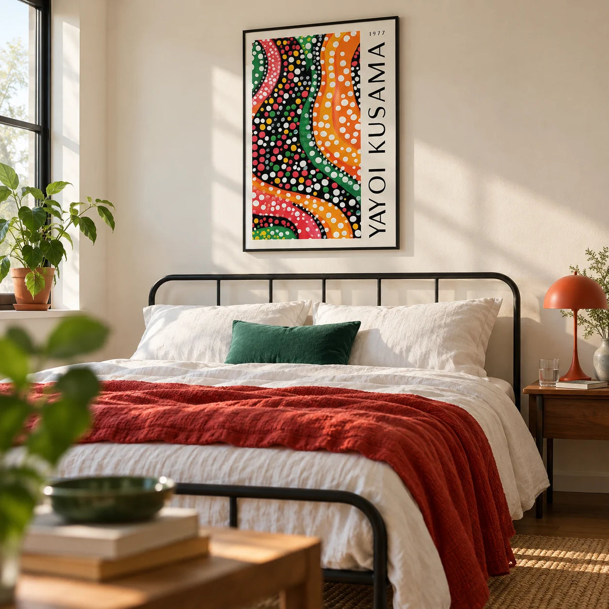 Yayoi Kusama Dots, framed on the wall of a modern bedroom with a cream wall