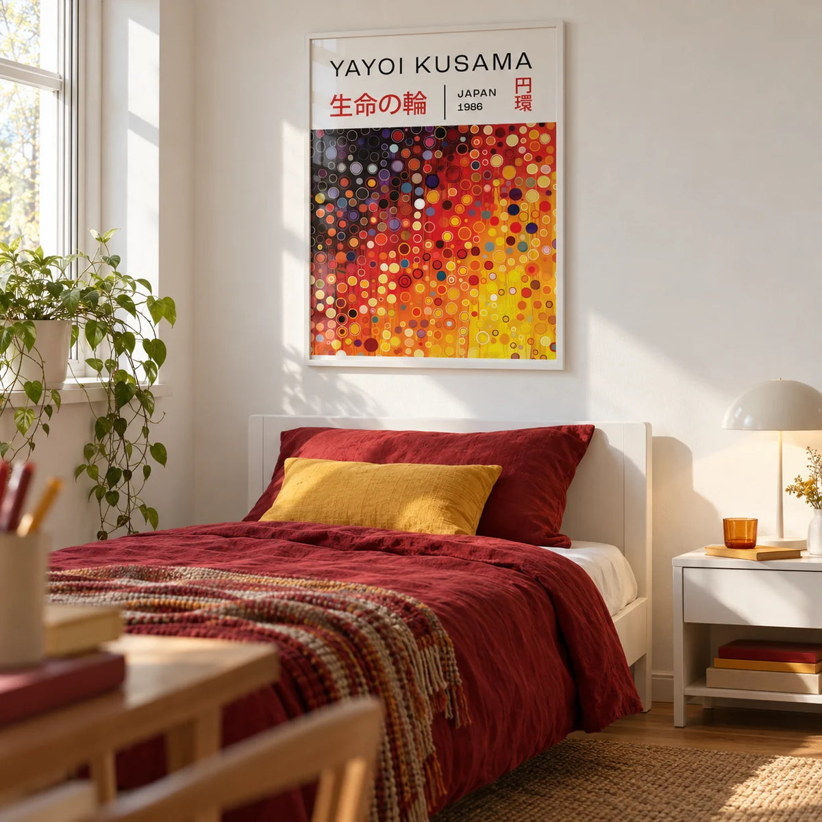 Yayoi Kusama Circles, framed on the wall of a bright single bedroom for a young adult (18-25) with a white wall