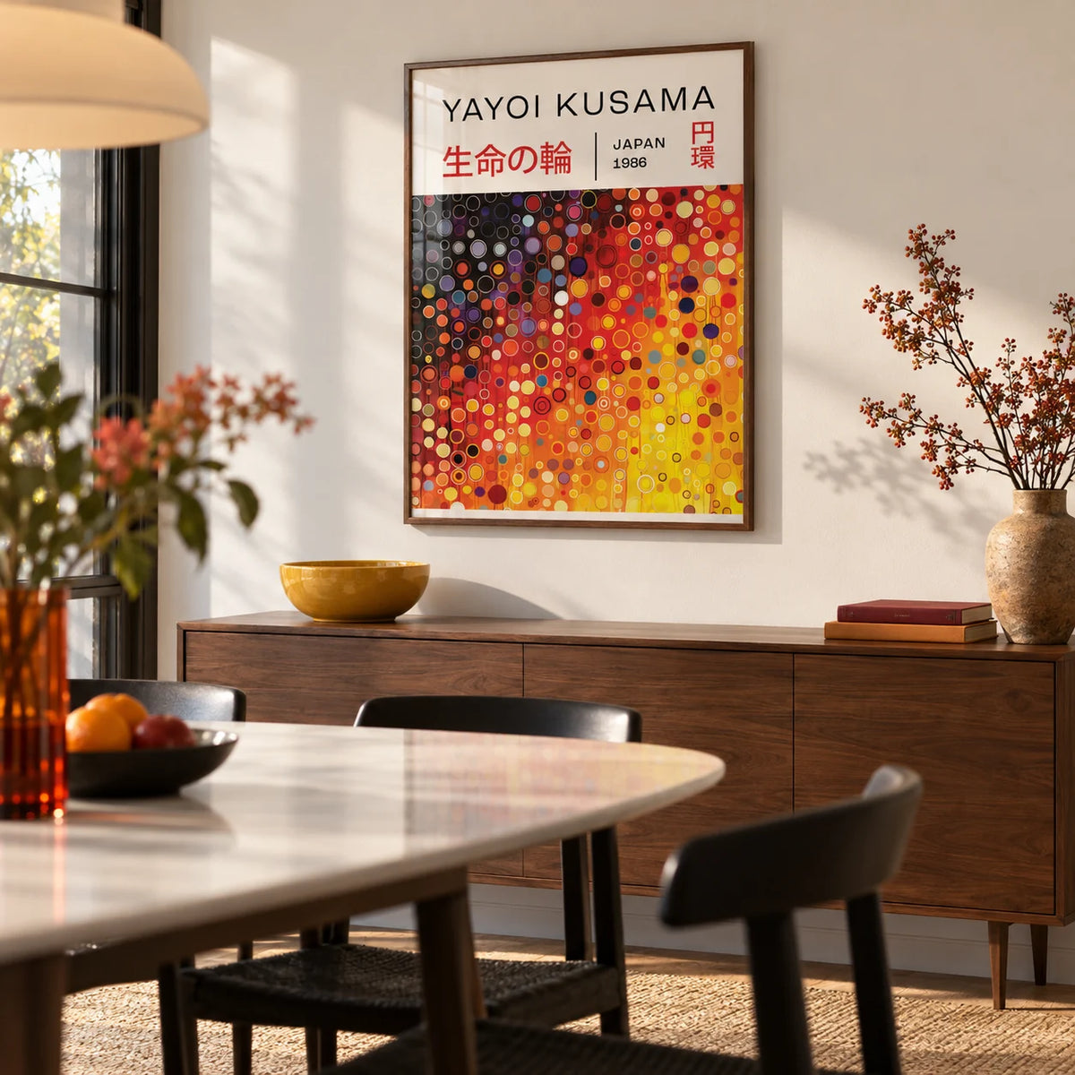 Yayoi Kusama Circles, framed on the wall of a modern dining room with a warm white wall