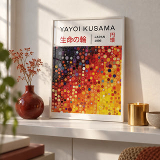 Yayoi Kusama Circles, a small A4 framed print leaning on a white shelf in a living room