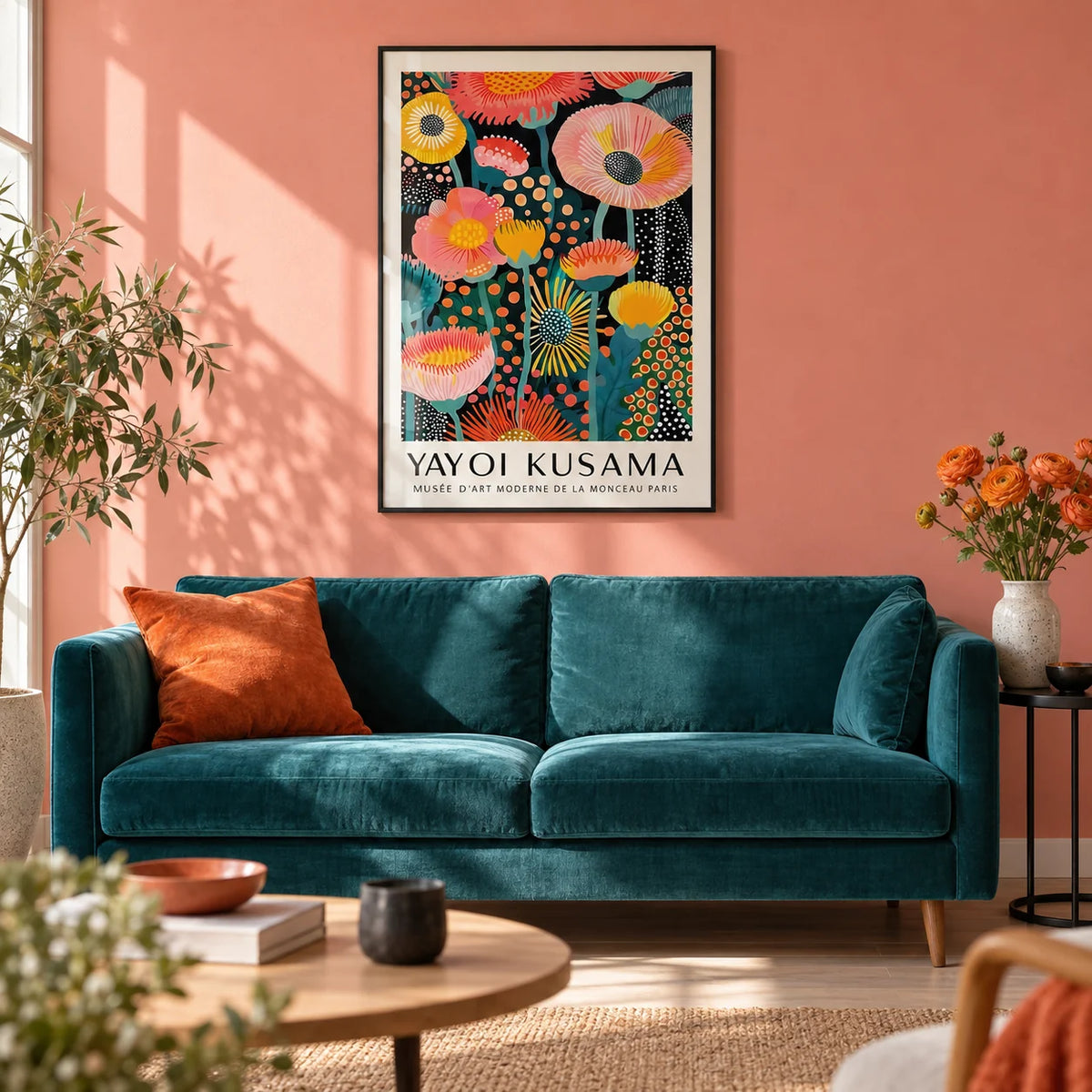 Yayoi Kusama Flowers, framed on the wall of a bright modern living room with a soft coral pink painted wall and a pale oak floor