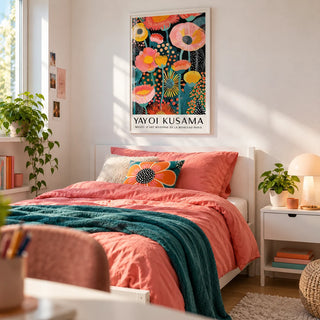 Yayoi Kusama Flowers, framed on the wall of a bright teen girl's bedroom (13-17) with a white wall