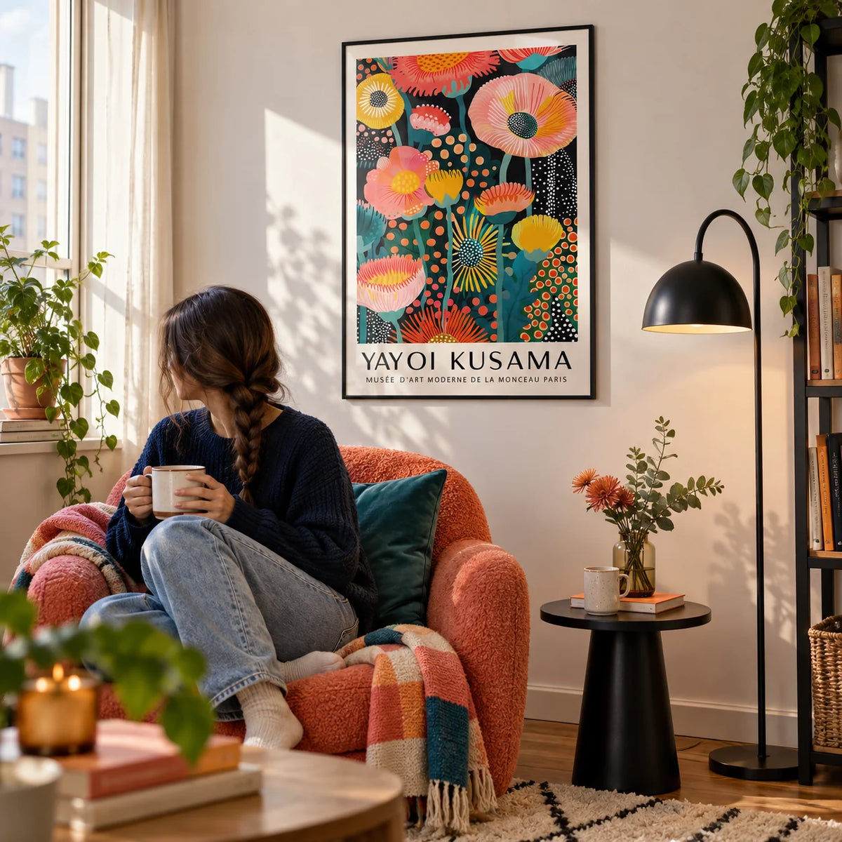 Yayoi Kusama Flowers, framed on the wall of a cheerful reading corner in a first flat (22-28) with a white wall in a living room