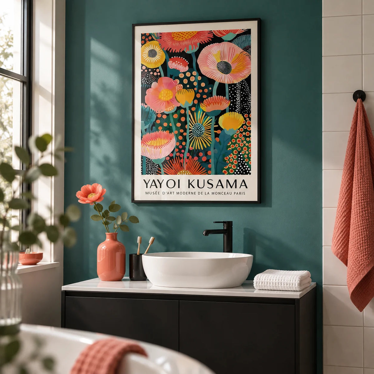 Yayoi Kusama Flowers, framed on the wall of a modern bathroom with a teal painted wall and plain white tiles