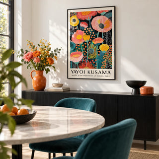 Yayoi Kusama Flowers, framed on the wall of a modern dining room with a white wall