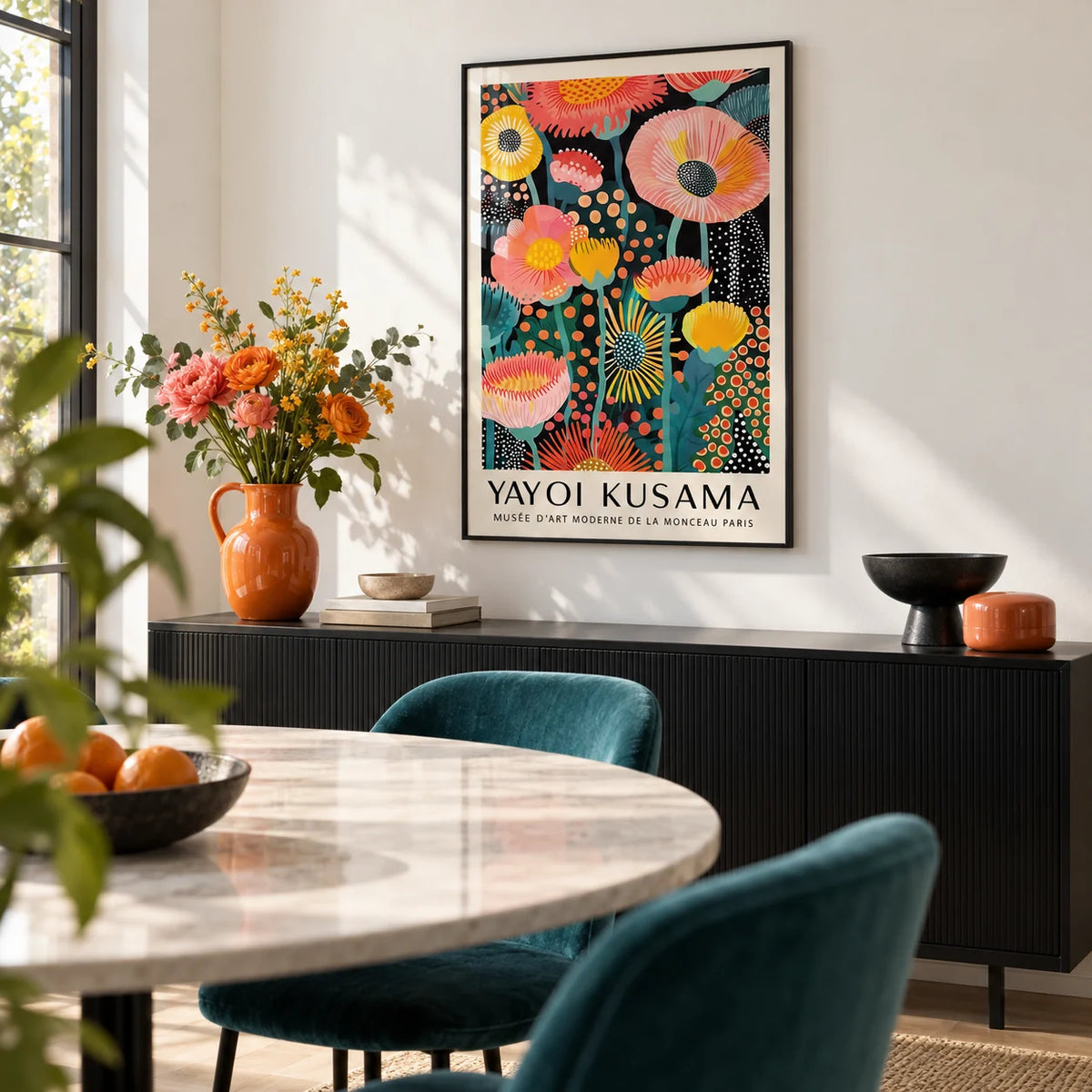 Yayoi Kusama Flowers, framed on the wall of a modern dining room with a white wall