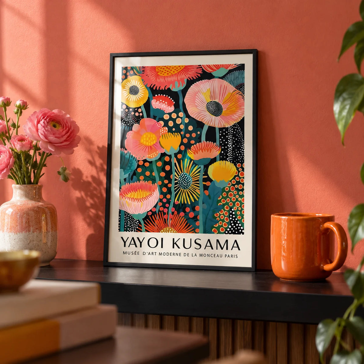 Yayoi Kusama Flowers, a small A4 framed print leaning on a black shelf in a living room