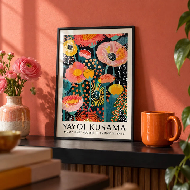 Yayoi Kusama Flowers, a small A4 framed print leaning on a black shelf in a living room
