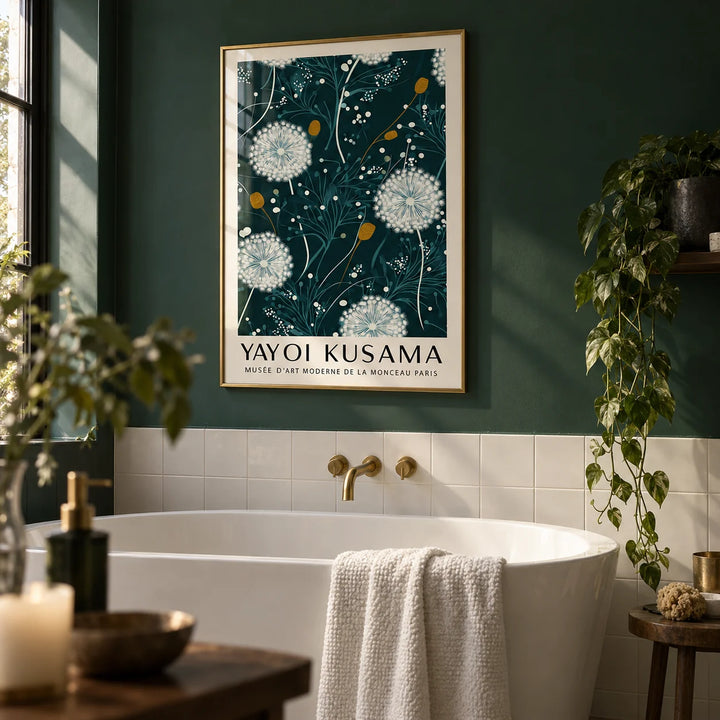 Yayoi Kusama Green Print, framed on the wall of a moody bathroom with a forest green painted wall and plain white tiles