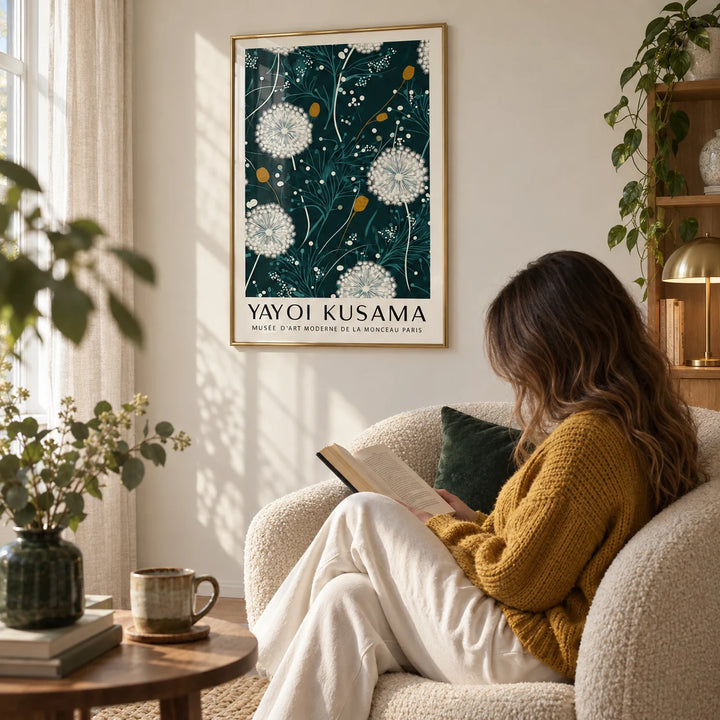 Yayoi Kusama Green Print, framed on the wall of a quiet reading corner with a soft cream wall in a living room