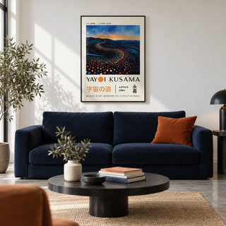 Yayoi Kusama Infinity Room Print, framed on the wall of a design-led city flat living room with a white wall and a polished concrete floor
