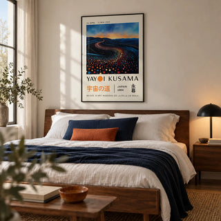 Yayoi Kusama Infinity Room Print, framed on the wall of a modern bedroom with a soft cream wall
