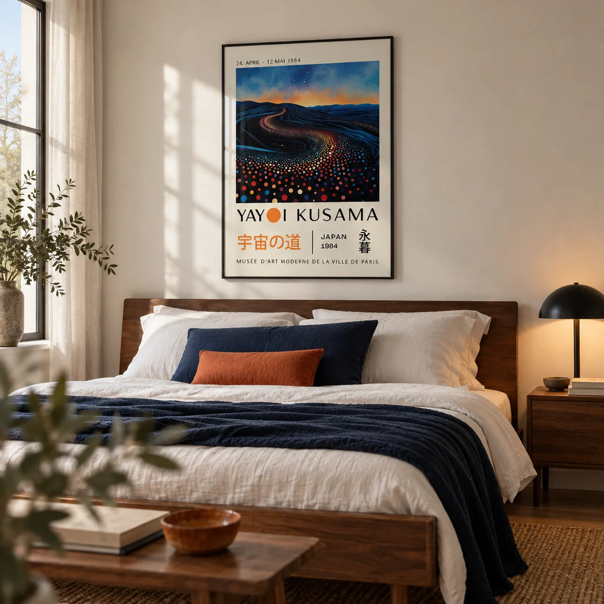 Yayoi Kusama Infinity Room Print, framed on the wall of a modern bedroom with a soft cream wall