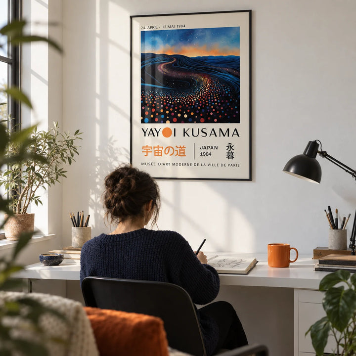 Yayoi Kusama Infinity Room Print, framed on the wall of a modern home studio with a white wall in a home office