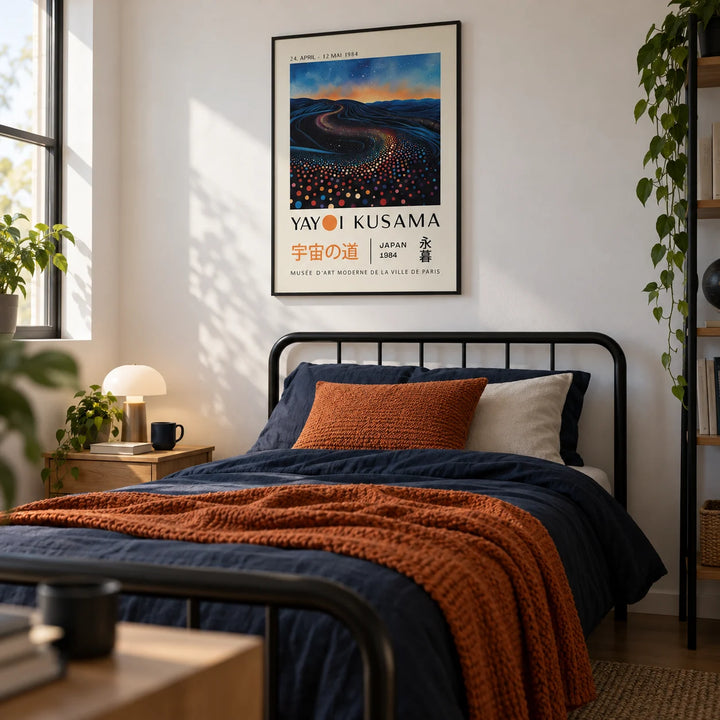 Yayoi Kusama Infinity Room Print, framed on the wall of a modern single bedroom for a young adult (18-25) with a white wall