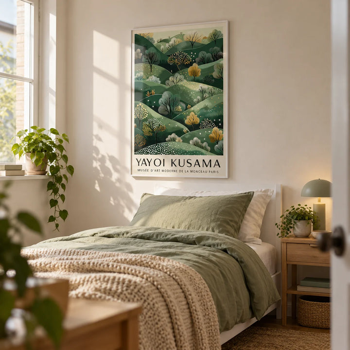 Yayoi Kusama Paintings, framed on the wall of a calm single bedroom in a first flat (22-28) with a warm white wall