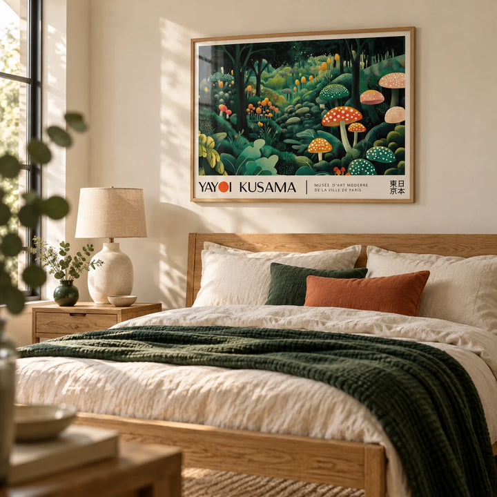 Yayoi Kusama Polka Dots, framed on the wall of a cosy bedroom with a soft cream wall
