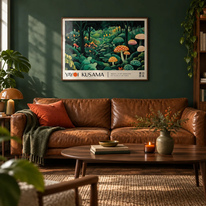 Yayoi Kusama Polka Dots, framed on the wall of a cosy living room with a deep forest green painted wall and a dark wood floor