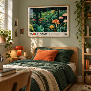Yayoi Kusama Polka Dots, framed on the wall of a cosy teen girl's bedroom (13-17) with a pale sage wall