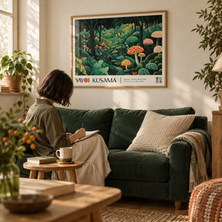 Yayoi Kusama Polka Dots, framed on the wall of a cottage living room with a cream wall